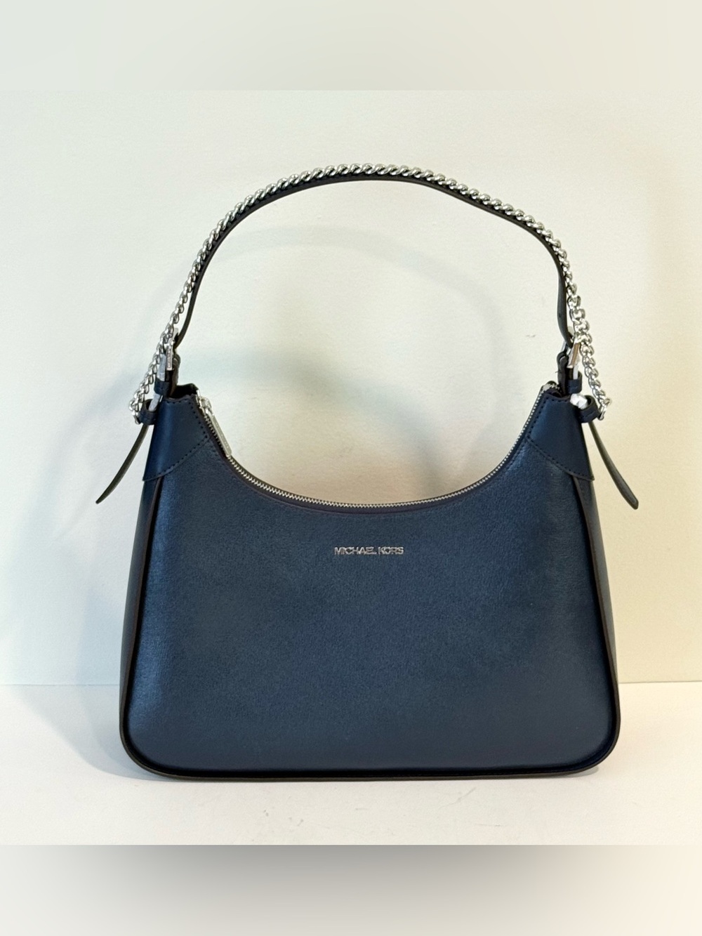 Michael Kors Wilma Navy Blue Leather Purse Silver Tone Chain Shoulder Bag